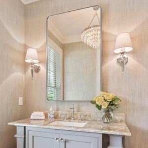 ANDY STAR Brushed Nickel Mirror for Wall, 20”x28” Silver Rectangle Bathroom Mirror, Modern Metal Mirror in Rounded Corner Stainless Steel Frame, 1’’ Deep Set Design Hangs Horizontal Or Vertical