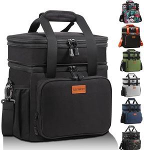 Expandable Insulated Large Lunch Box, Double Deck Heavy Duty Durable Lunch Bag Leakproof Cooler Bags for Men Women Adults Work Shift Flight Beach Daytrip, 20 Can, Black, GLENKEY