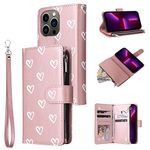 UEEBAI Wallet Case for iPhone 13 6.1, Premium Vintage PU Leather Magnetic Handbag Zipper Pocket Case Kickstand Card Slots with Wrist Strap TPU Shockproof Flip Cover - Rose Gold