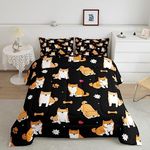 Yellow Dog Comforter Set Kawaii Room Decor,Cartoon Corgi Pup Dog Bedding King for Boys Girls Men,Pet Dog Cute Animals Black Down Comforter Dog Lovers Gifts,Bone Footprint Daisy Loving Heart Quilt
