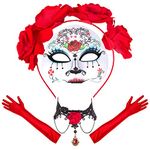 Ladies Sugar Skull Day Of the Dead Set - Maria Mask, Red Gloves, Flower Headband & Red Jewell Necklace