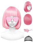 PLANTURECO Pink Wig and Party Sunglasses, Pink Wigs for Women, Pink Wig with Bangs, Light Pink Wig, Pink Bob Wig, Pink Cosplay Wigs and Party Wigs - Bachelorette Party Wigs Decorations Favors