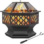 Yaheetech Fire Pit Heavy Duty Fire Bowl Large Fire Pit with Mesh Poker for Outside Patio Heater/Camping Bonfire/Garden/Backyard/Poolside, Hexagon Shaped, Black