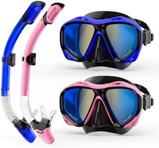MELUMILU Snorkeling Gear 2Pack for Adults, Dry Snorkel Set Blue Electroplated 180° Panoramic Wide View Anti-Fog Scuba Diving Mask, Professional Snorkel Gear for Swimming, Diving (Blue + Pink)