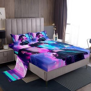 Erosebridal Anime Girl Fitted Sheet Top King Size, Kawaii Japanese Anime Sheet Set for Kids Boys Teens Adult Women, Cartoon Girl Bed Sheets Japan Animation Bedroom Decor, Machine Washable