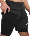 JUST RIDER Mens 2 in 1 Running Shorts Quick Dry Gym Athletic Workout Clothes with Side Pockets… (L) Black