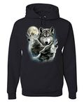 Tee Hunt Howling Wolf Pack Hoodie Wild Wilderness Animals Nature Moon Sweatshirt, Black, Large