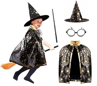 Umnodobn Unisex Kids Wizard Party Costume Cloak Fancy Dress Witch Cape with Wand Hat Glasses Cloth Gift Set for Boys, Girls, Cool Dress for Carnival, Halloween, Pretend Party, Birthday, Cosplay Black