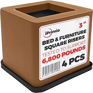 iPrimio Bed and Furniture Square Risers - 3 INCH Rise Size - Wont Crack & Scratch Floors - Heavy Duty Rubber Bottom - Patent Pending - Great for Wood and Carpet Surface (Brown, 4)
