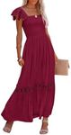 ZESICA Women's Summer Lace Strap Sleeveless Square Neck Smocked High Waist Ruffle Hollow Out Flowy A Line Maxi Dress,Wine,X-Large