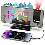 zerotop Projection Alarm Clock Radio Alarm Clocks Bedside with Projector,7.4" LED RGB Color Mirror Display,5-Level Brightness Dimmer,USB Charger,Snooze,12/24H,Digital Alarm Clock for Bedroom (Black)