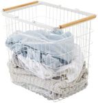 Yamazaki Home Wire Wooden Handles | Steel + Wood | Large | Laundry Basket, White