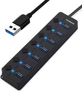 7-Port USB 3.0 Hub with Individual Power Switches and Lights, High-Speed Data Hub Splitter Portable USB Extension Hub for PC Laptop and More