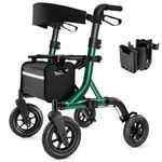 MAXWALK Walkers for Seniors, Rollator Walker with Seat, 10" Rubber Wheels All Terrain Rollator Walker with Backrest, Aluminum Walkers Built-in Cable, Foldable and Adjustable Height for Seniors, Green