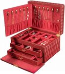 Homruilink Genuine Leather Jewelry Box – 3 Layer Large Jewelry Organizer with Mirror, Lockable Jewelry Box for Women – Necklace, Ring, Earring Organizer with Drawer - Fathers Day Gift (Red)