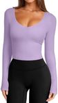 LASLULU Sexy V Neck T Shirts Long Sleeve Double Lined Tops for Women Gym Athletic Shirts Casual Fitted Tee Basic Tops with Built in Bra(Violet XX-Large)