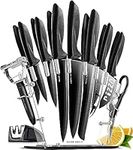 17 pcs Kitchen Knife Set with Acrylic Knife Block Set - Professional Stainless Steel Kitchen Knives Set - Chef Knife Set with 6 Steak Knives Set, Cheese & Pizza Knives, Sharpener, Peeler, Scissors