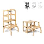 Ette Tete STEP'n'SIT® • Montessori Helper Tower - Table • Convertible 2-in-1 (With black clasps, Wooden)