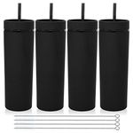 Volhoply 20oz Plastic Skinny Tumblers Bulk 4 Pack,Double Wall Tumbler with Lid and Straw,Reusable Travel Iced Coffee Mug,BPA Free Matte Acrylic Water Cups With Straw for Parties,DIY Gifts(Black,4 Set）