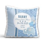 Personalised Baby Boy Cushion - Newborn Arrival Keepsake Gift - Blue Baby Boy Birth Details Pillow - Blue Elephant Baby Boy's Name Bespoke Nursery Room Decor