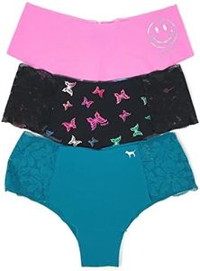 Victoria's Secret Pink Cheekster Panty Set of 3, No Show Pink Smiley / Black Rainbow Butterfly Lace / Sea Lace, Small