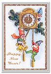 Happy New Year Card - Old Fashioned 1900s - Victorian Edwardian Era style - Elves Gnome Clock theme - Traditional New Years Wishes Greeting Design - Blank inside to write own message