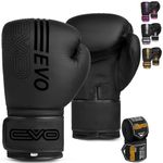 EVO Fitness Matte Black Boxing Gloves Men Punch Bag Women Pink MMA Muay Thai Martial Arts Kick Boxing Sparring Training Fighting Gloves With Hand Wraps (12 OZ, Black)