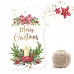 Chic a Choc Merry Christmas Wreath Candle and Ribbons – Glossy Gift Tags. Merry Xmas Pack of 50. With Jute String for attaching to Gift Box, Cake Box, white