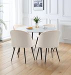 Hallowood Furniture Cullompton Large Round Dining Table and Chairs Set 4, White Marble Effect Top Dining Table 120cm and Curved-Back Beige Fabric Chairs, Dining Table Set