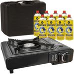 Portable Gas Cooker Camp Stove + 8 Butane Gas Canisters - For Outdoor Camping, Fishing, Cooking & BBQ | Premium Burner, Automatic Ignition & Heat Control, EN417 Compliant - Black Grill & Carry Case