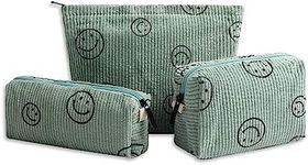 Gardsell 3Pcs Smile Corduroy Cosmetic Bag Makeup Bag Aesthetic Preppy Makeup Bags for Women Girls Corduroy Toiletry Pouch Travel Bags Washable Skincare Bag, 3Pcs green, Smile Face Makeup Corduroy