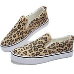 Obtaom Women's White Sneakers Black Slip on Shoes for Women Low Top Canvas Loafers, Leopard Print, 8