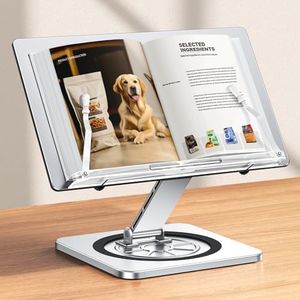 RIWUCT Book Stand for Reading, Book Holder with 360° Swivel Base & Elastic Page Clips, Adjustable Cookbook Stand for Kitchen Counter, Recipe/Textbook/Music Scores Stand for Desk