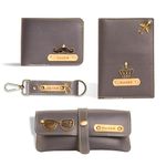 Innovative Gifts Men's Customized Leather Gift Combo Set I Personalized Wallet, Keychain, Sunglass & Passport Cover with Name & Charm I for Boyfriend Men Husband Birthday Anniversary Wedding (Grey)