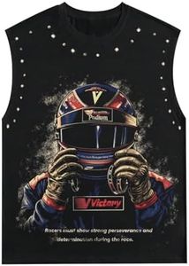 VIPWOLF Men's Face Graphic Y2k Tank Tops Star Print Crew Neck Sleeveless Shirts Streetwear Black Racing X-Large
