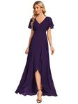 Ever-Pretty Women's Maxi Cocktail Dress Chiffon V Neck Empire Waist Ruffle Sleeves Dark Purple 20