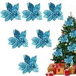 BELLE VOUS Christmas Tree Poinsettia Flowers - Artificial Blue Glitter Poinsettias for Xmas Tree Decorations - Faux Flower for Wedding and Party Decor - 32 cm - Pack of 6