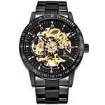 Gute IK Casual Mens Black Steel Skeleton Automatic Mechanical Wristwatch Golden Dial Tachymeter