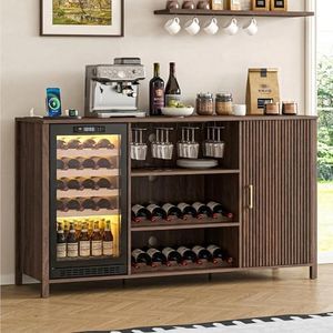 70" Large Coffee Bar Cabinet with Power Outlet, Mini Fridge Cabinet with Adjustable Shelf Wine Rack Glass Holder Liquor Wine Storage, Walnut Fluted Buffet Sideboard Table for Kitchen Dining Room