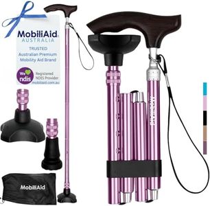 NDIS Provider MobiliAid Luxury Folding Walking Stick for Seniors Men Women – Lightweight Folding Foldable Walking Cane – Wooden Handle w/Bonus Spare Cane Tip & Carry Bag – Mobility & Disability Aids