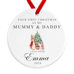 Your First Christmas as my.. Bauble | Christmas Rabbit Ceramic Decoration | Personalised Name Baby First Christmas Custom Ornament (Organza Bag, Mummy & Daddy, Red Ribbon)