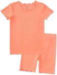 pureborn Kids Pajamas Set Pjs - Little Girl Short Sleeve Snug Fit Cotton Sleepwear 2pcs Orange Pink 6-7 Years