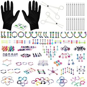 BodyJ4You 156PC Body Piercing Kit | Belly Ring Nose Septum Tragus Ear Cartilage Industrial | Horseshoe Ring Hoop Barbell Stud Spike | 14G 16G Rainbow | RANDOM Mix Jewelry