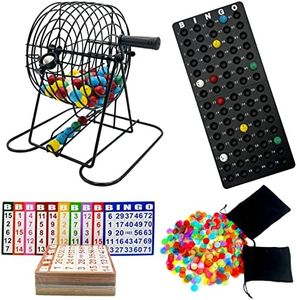 JUNWRROW Deluxe Bingo Game Set-Includes Bingo Cage,600 Colorful Bingo Chips with a Bag,100 Mixed Bingo Cards,75 Calling Balls with a Bag,Plastic Master Board-Ideal for Large Groups, Parties