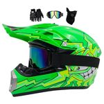 Kid Motocross Helmet, With Goggles Mask Gloves, Youth Motorbike Helmet, Full-Face Off Road MX Motorcycle Helmet Dirt Bike ATV Scooter MTB BMX Downhill Quad Bike Enduro Racing Helmet(Color:Green,Size:S