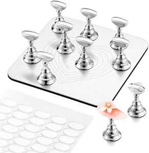 Makartt Nail Stand Kit: Nail Holder for Painting Nails DIY, Magnetic Press on Stand Silver for Art Display Practice, Strong Metal Base with 200pcs Reusable Sticky Tape for Home and Salon
