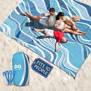 Everlasting Comfort Beach Blanket Waterproof Sandproof - Large Oversized Sand Free Beach Mat Fits Up to 10 People w/Stakes, Storage Bag - Essentials for Beach, Picnic, Concert