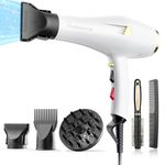 Dekuri Professional Ionic Hair Dryer, AC Motor Fast Drying Salon Blow Dryer with Diffuser, Comb, Concentrator, Nozzle for Curly and Straight Hair, Cool Button, 2 Speed & 3 Heat Setting, White