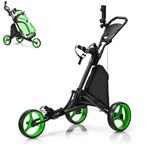 SPOTRAVEL 3 Wheel Golf Push Pull Cart, Folding Golf Trolley with in Foil Coated Storage Bag, Elastic Strap, Adjustable Umbrella & Cup Holder, Portable Golf Bag Holders (Green)