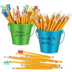 128 Pcs Pencil Metal Bucket Sets 2 Pcs Pencil Buckets for Classroom 100 Pcs Wood Cased Hb Pencils 24 Pcs Assorted Colors Pencil Sharpeners 2 Pcs PVC Label for Teacher Classroom Supplies